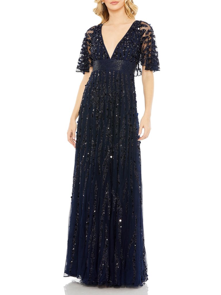 Mac Duggal Navy Sequin Maxi Dress Cape Short Sleeve Plunge V-Neck 93784 Size 12